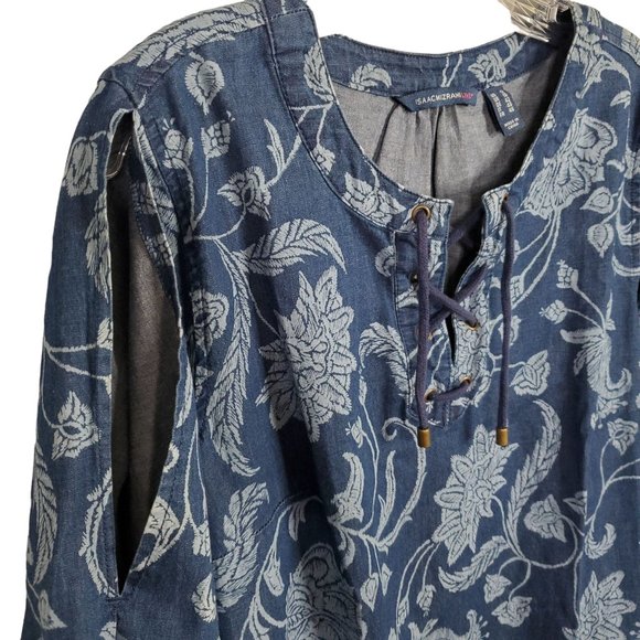 Isaac Mizrahi Live Sz 12 Dress Denim Chambray Floral Print Split Sleeves Lace Up - Picture 11 of 15